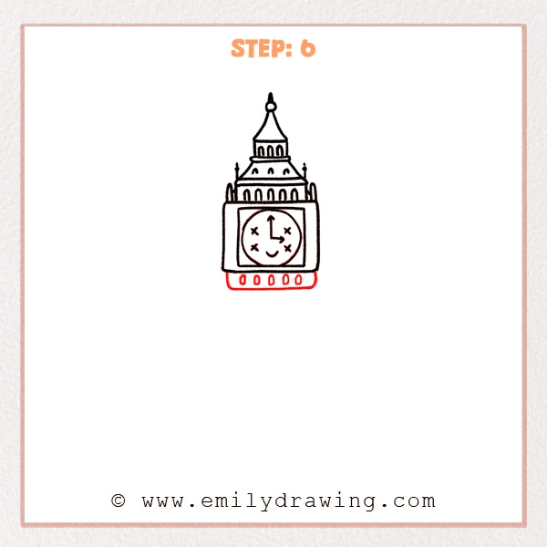 how to draw a big ben - Step 6: A connecting ledge and small arch details link Big Ben’s main block to the upper tower.